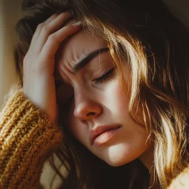 A woman holding her head in pain as one of the effects of negative thinking