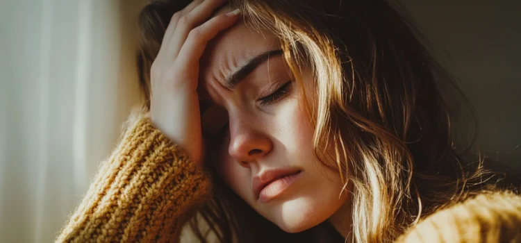 A woman holding her head in pain as one of the effects of negative thinking