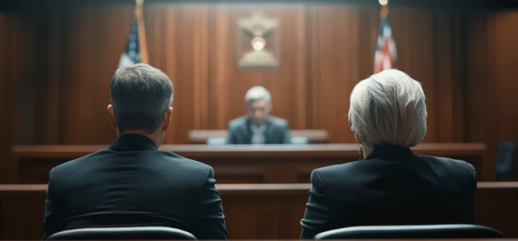 Two people facing a judge in a courthouse, showing how to stop judging people