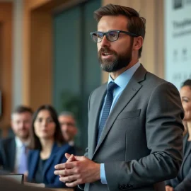 A bearded man in a business suit and eyeglasses speaking to a room full of people illustrates how to communicate a vision