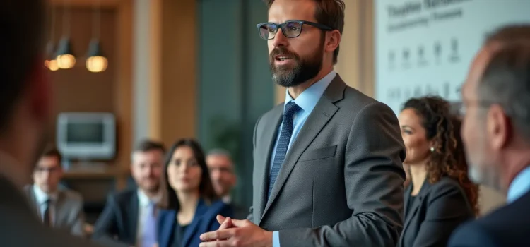 A bearded man in a business suit and eyeglasses speaking to a room full of people illustrates how to communicate a vision