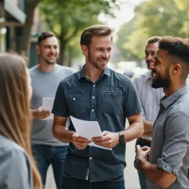 A man talking to several members of his team on a sidewalk illustrates leadership that empowers others