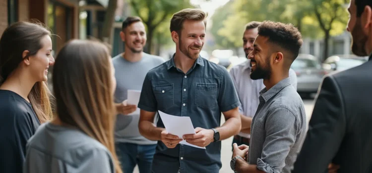 A man talking to several members of his team on a sidewalk illustrates leadership that empowers others