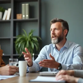 A leader talking to his team in a conference room illustrates how to implement a strategy