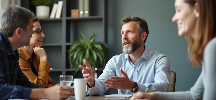 A leader talking to his team in a conference room illustrates how to implement a strategy