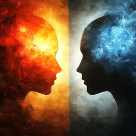 A light and dark silhouette of two people facing each other, representing two types of mindsets