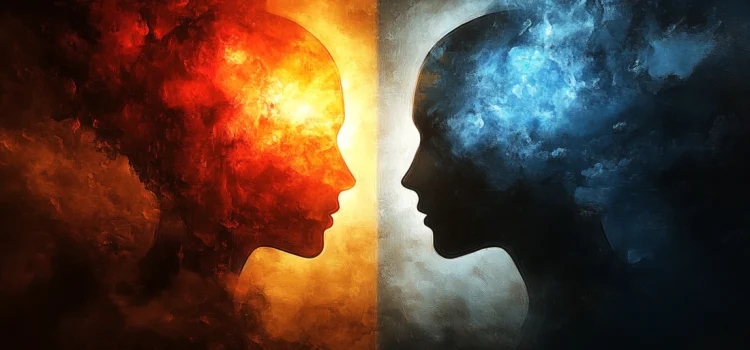 A light and dark silhouette of two people facing each other, representing two types of mindsets