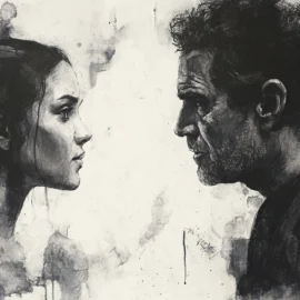 A black and white watercolor painting of a man and woman facing each other, showing what it means to know someone