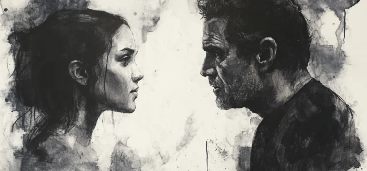 A black and white watercolor painting of a man and woman facing each other, showing what it means to know someone