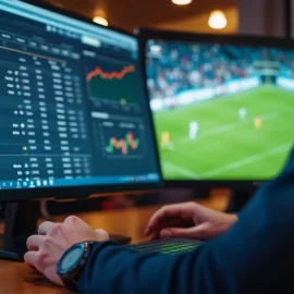 A man implementing a sports betting system on a computer while a sporting event is on TV in the background