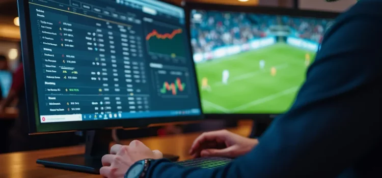 A man implementing a sports betting system on a computer while a sporting event is on TV in the background