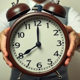 A man holding a big alarm clock and standing behind it