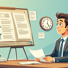 A cartoon drawing of a man at a desk looking at a board with checklists illustrates the components of decision-making