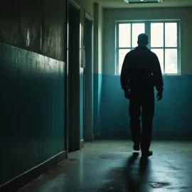 A silhouette of a man walking down a corridor in a prison with a window at the end