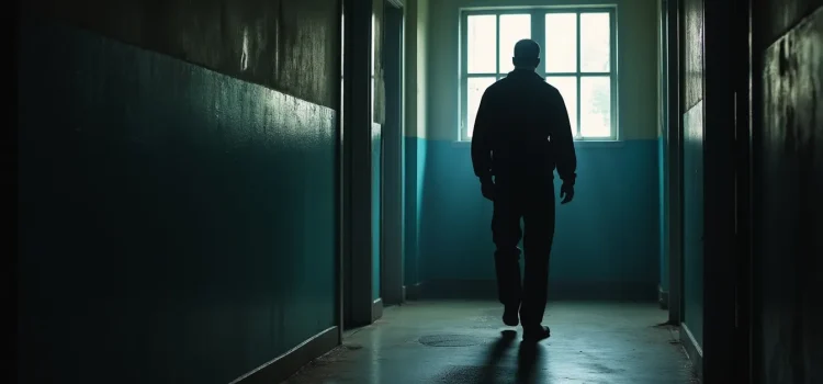 A silhouette of a man walking down a corridor in a prison with a window at the end