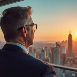 A man in a suit and glasses looking out the window of a tall building at a cityscape illustrates the benefits of a vision