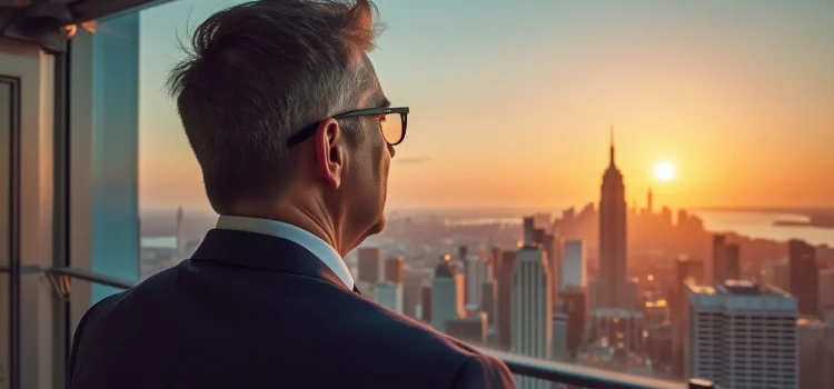 A man in a suit and glasses looking out the window of a tall building at a cityscape illustrates the benefits of a vision