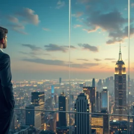 A man in a suit looking out the window of a tall building at a cityscape illustrates vision-driven leadership