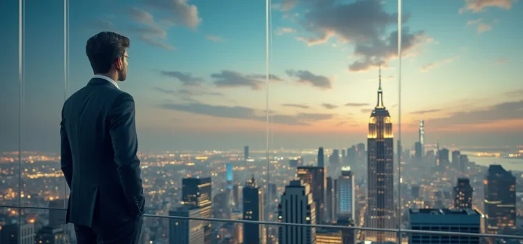 A man in a suit looking out the window of a tall building at a cityscape illustrates vision-driven leadership