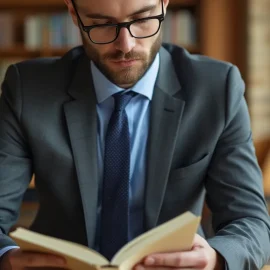 A man wearing glasses and a business suit reading a book in an open office space by a window