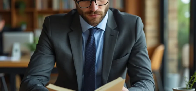 A man wearing glasses and a business suit reading a book in an open office space by a window