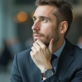 A man with brown hair, a bear, and a blue suit thinking with his chin in his hand illustrates how to choose a product to sell