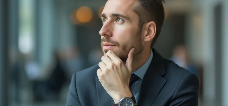 A man with brown hair, a bear, and a blue suit thinking with his chin in his hand illustrates how to choose a product to sell