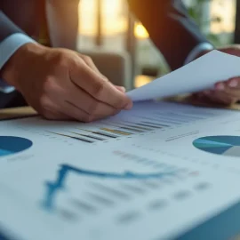 A man in a business suit reviewing key business metrics on paper