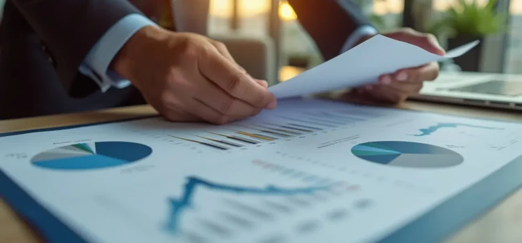 A man in a business suit reviewing key business metrics on paper