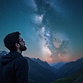 A bearded man with eyeglasses looking up at the stars over the mountains illustrates the impact of evolution on society