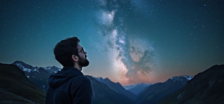 A bearded man with eyeglasses looking up at the stars over the mountains illustrates the impact of evolution on society