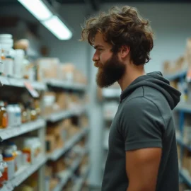 A man looking at nutritional supplements on the shelf in a store illustrates the question, "Should you take supplements?"