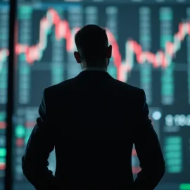 A silhouette of a man (seen from the back) looking at a stock market display illustrates insider trading