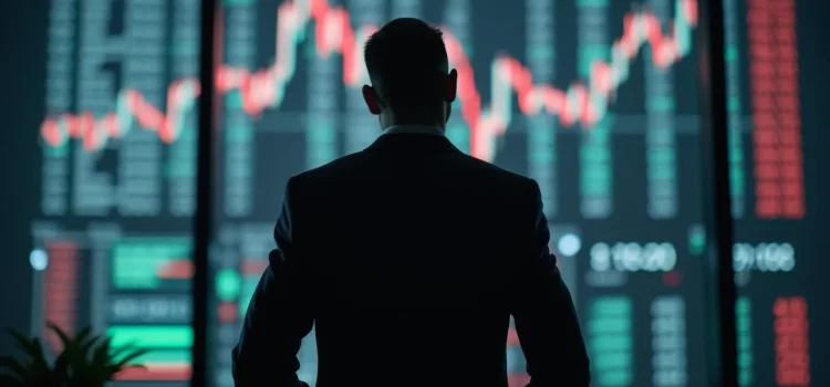 A silhouette of a man (seen from the back) looking at a stock market display illustrates insider trading