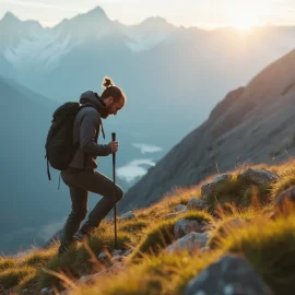 A man hiking up a mountain, seen in profile, who is looking down at his feet illustrates a focus on the process