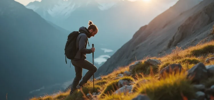 A man hiking up a mountain, seen in profile, who is looking down at his feet illustrates a focus on the process