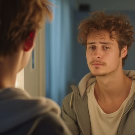 A young man looking thoughtfully at himself in the mirror illustrates the concept of memento mori ("remember you must die")