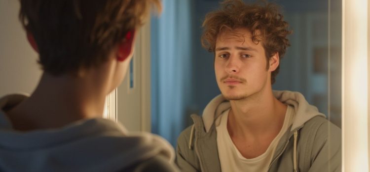 A young man looking thoughtfully at himself in the mirror illustrates the concept of memento mori ("remember you must die")