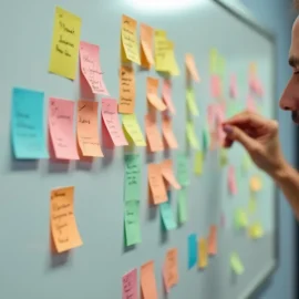 A man putting sticky notes on a white board illustrates how to streamline a process