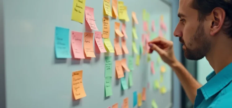 A man putting sticky notes on a white board illustrates how to streamline a process