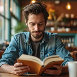 A bearded man wearing a denim jacket reading a book in a cafe