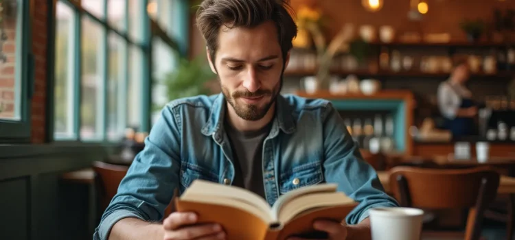 A bearded man wearing a denim jacket reading a book in a cafe