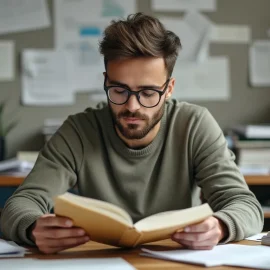 A man in an office surrounded by paperwork and reading a book