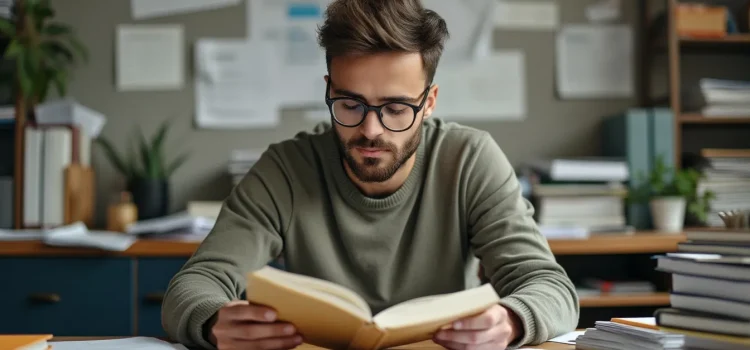 A man in an office surrounded by paperwork and reading a book