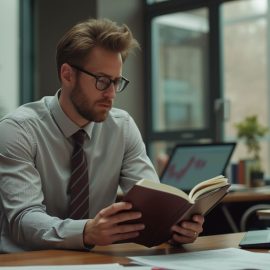 A professional man with a beard, eyeglasses, and a necktie reading a book at a desk in an office