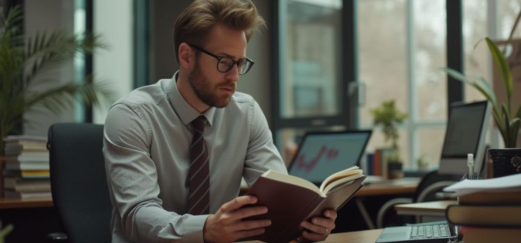 A professional man with a beard, eyeglasses, and a necktie reading a book at a desk in an office