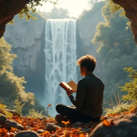 A man reading a book with a waterfall in the background