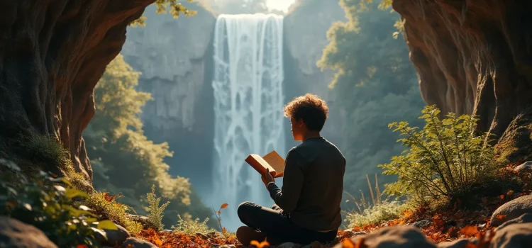 A man reading a book with a waterfall in the background