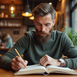 A bearded man underlining a passage in a book while sitting at a table in a cafe