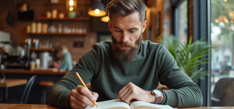 A bearded man underlining a passage in a book while sitting at a table in a cafe